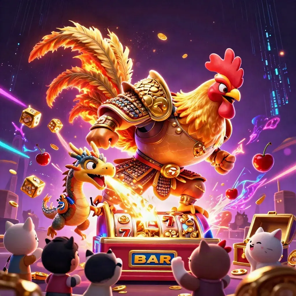Rooster samurai, dragon hatchling, and fortune cat burst from a slot machine with gold and sparks.
