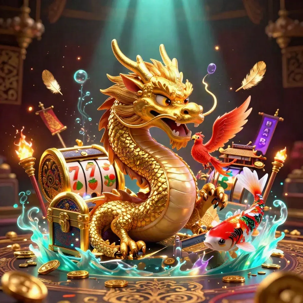 Golden dragon with phoenix and koi bursting from a treasure chest amid casino gems and temple glow