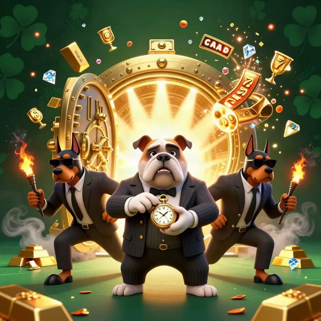 Bulldog mob boss and two Dobermans amid exploding vault gold, gems, and firelight.