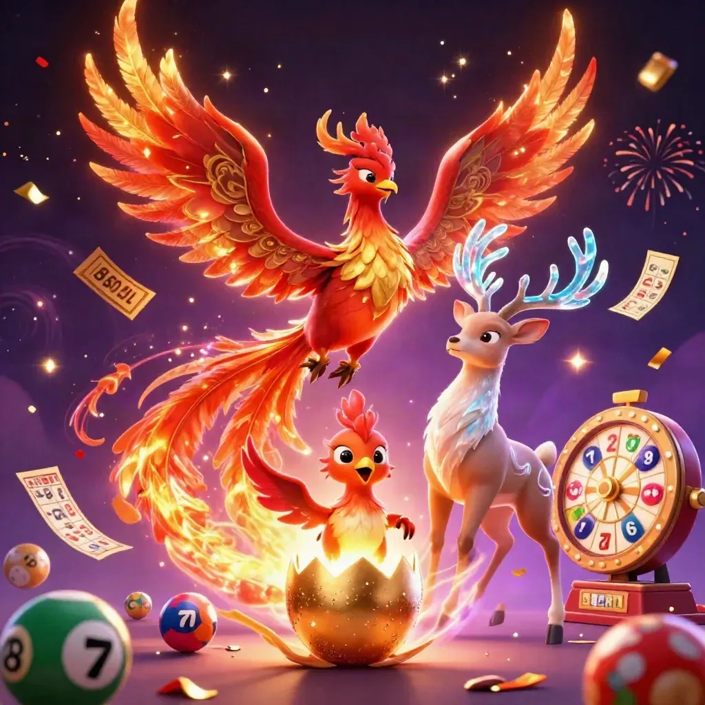 Phoenix, baby phoenix, and crystal-antler stag amid casino tokens and gold sparks