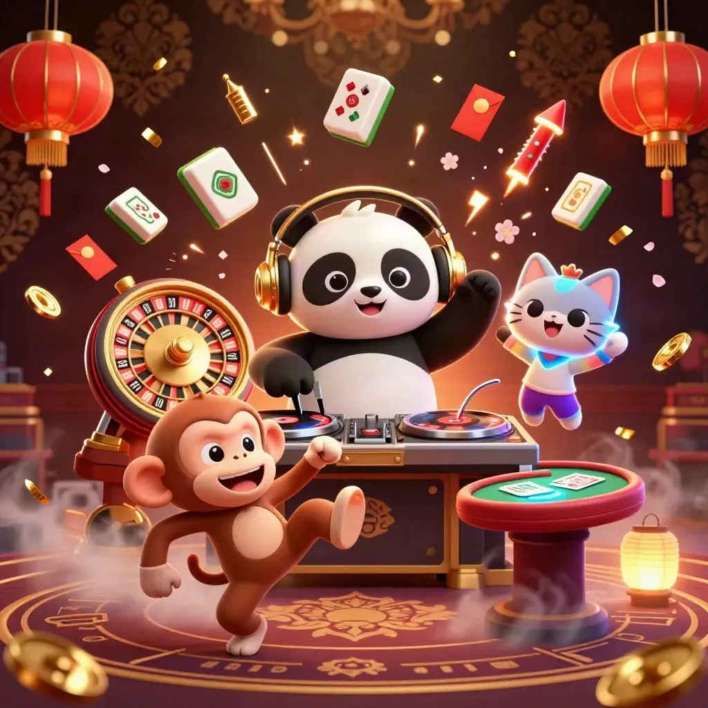 DJ panda, monkey, and kitten amid casino celebration, coins, lanterns, fireworks