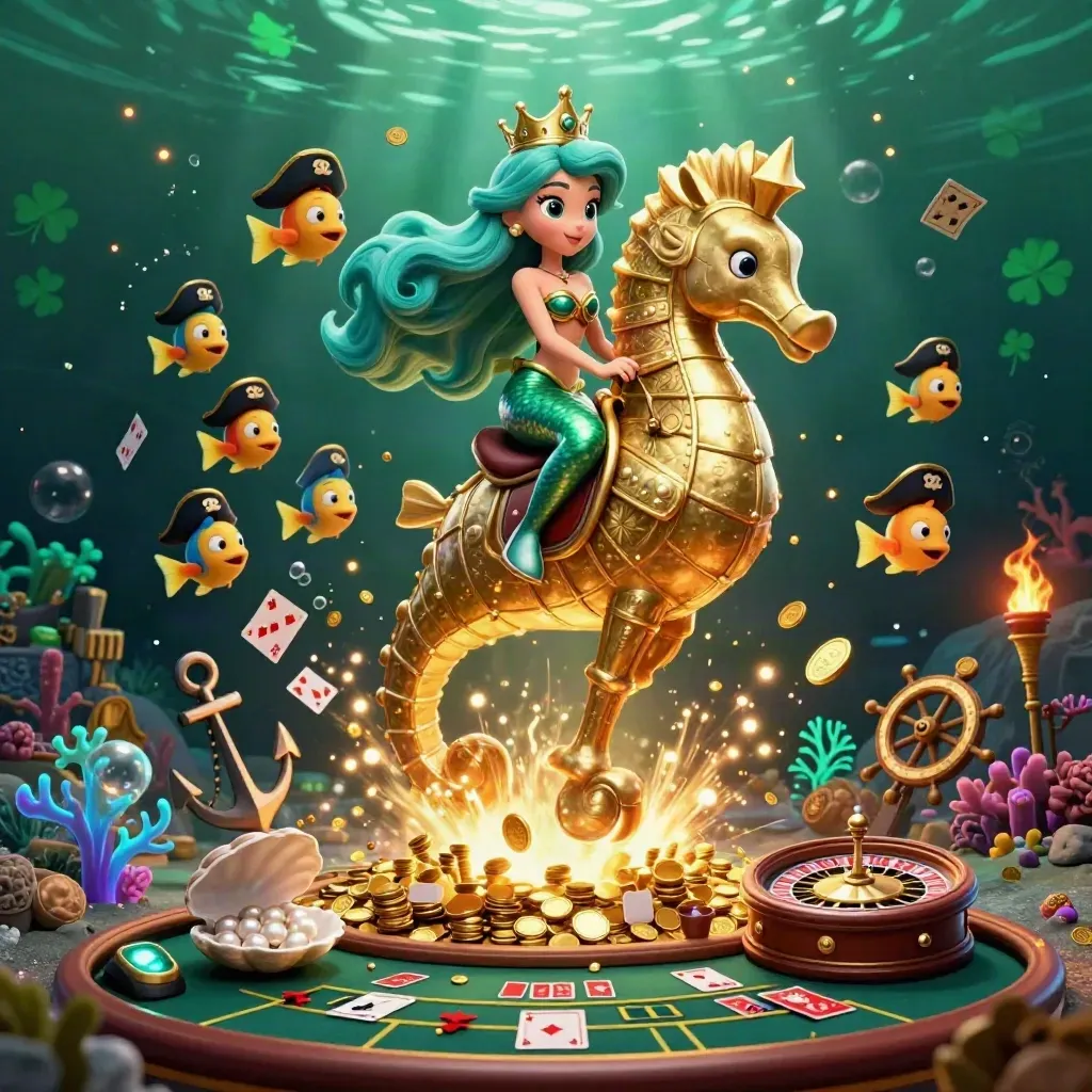 Mermaid princess on a gold seahorse in a treasure cove, coins, cards, roulette, and casino glow.