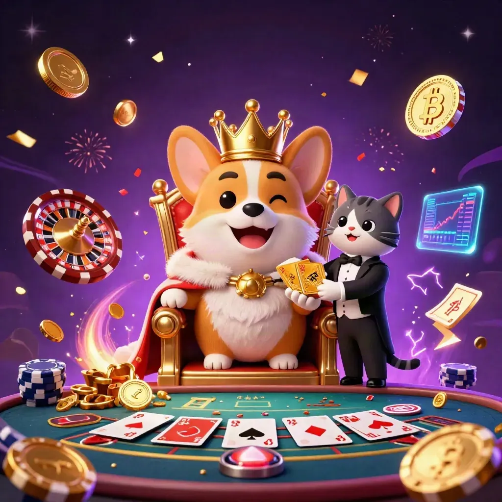 Royal corgi and cat butler amid bursting coins, crypto links, confetti, and casino lights
