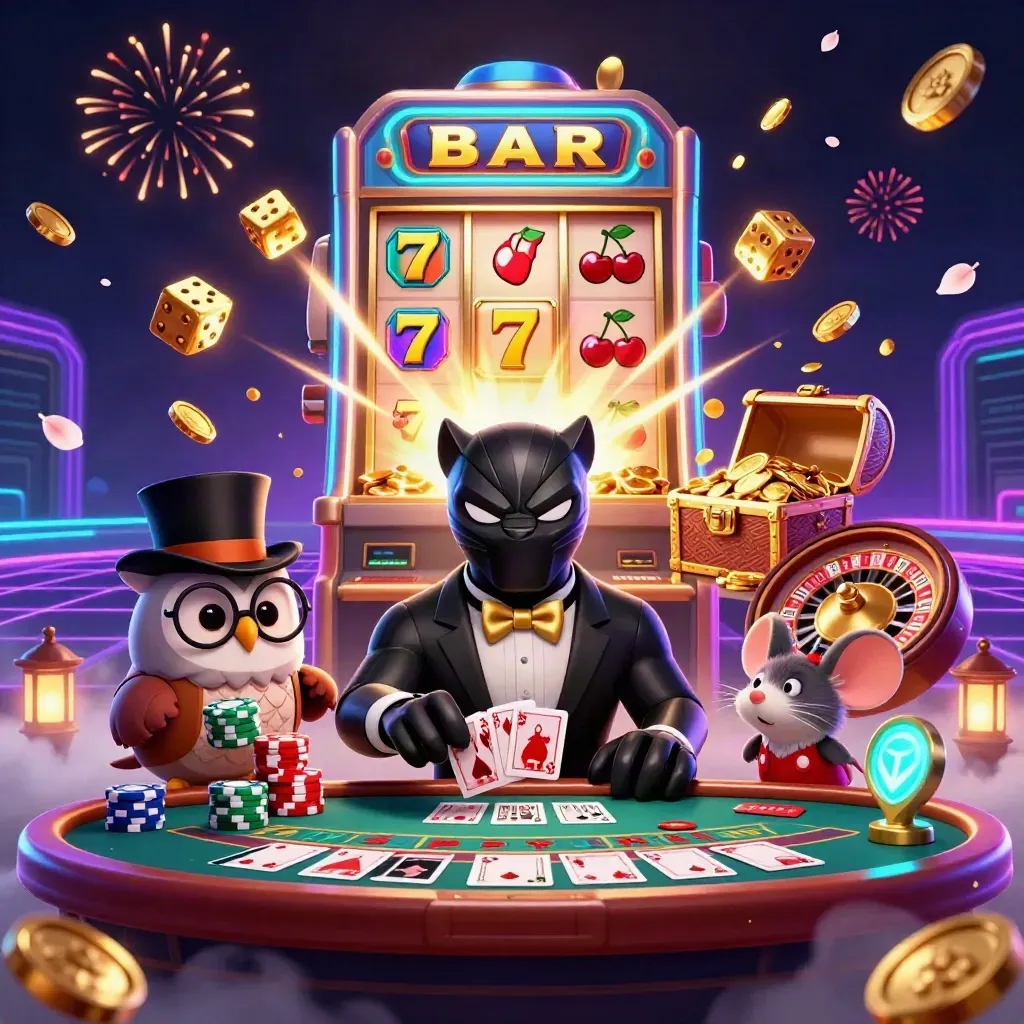 Panther dealer with owl and mouse amid slot burst, gold coins, neon casino fireworks