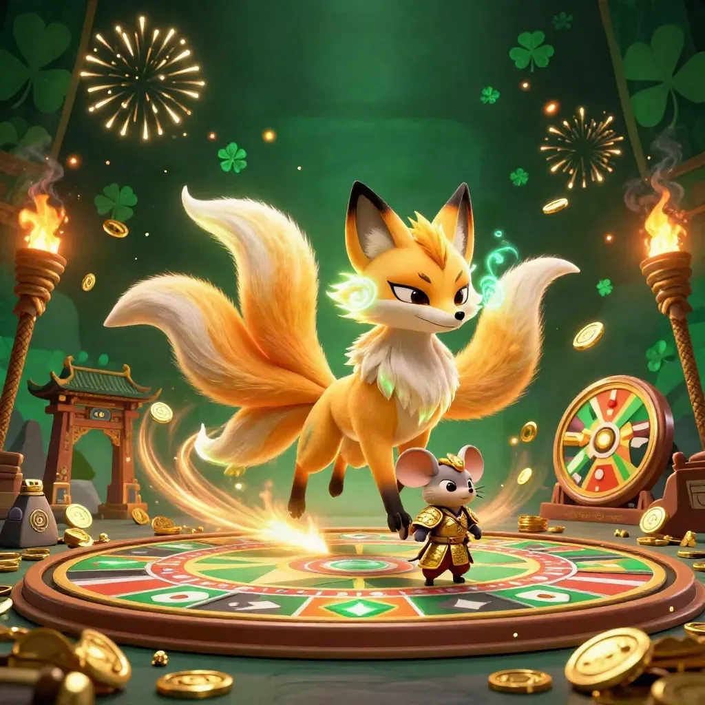 Neon fox spirit and armored mouse amid casino treasure, coins, temple gate, and fireworks.