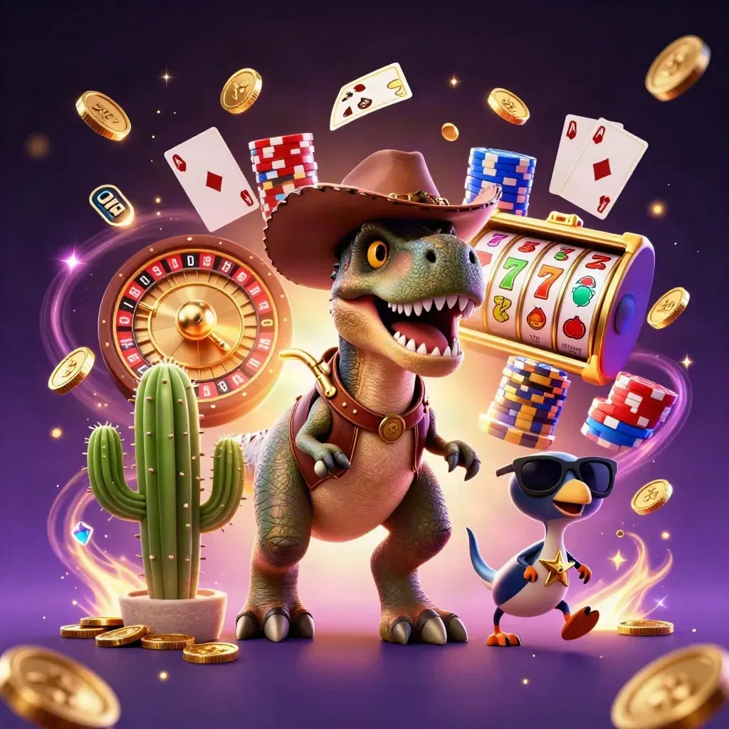 Cowboy T-Rex trio amid casino coins, reels, cards, chips, and purple lightning