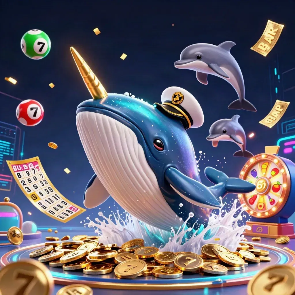 Whale captain, narwhal and dolphins burst from coins with casino symbols and cyan neon.
