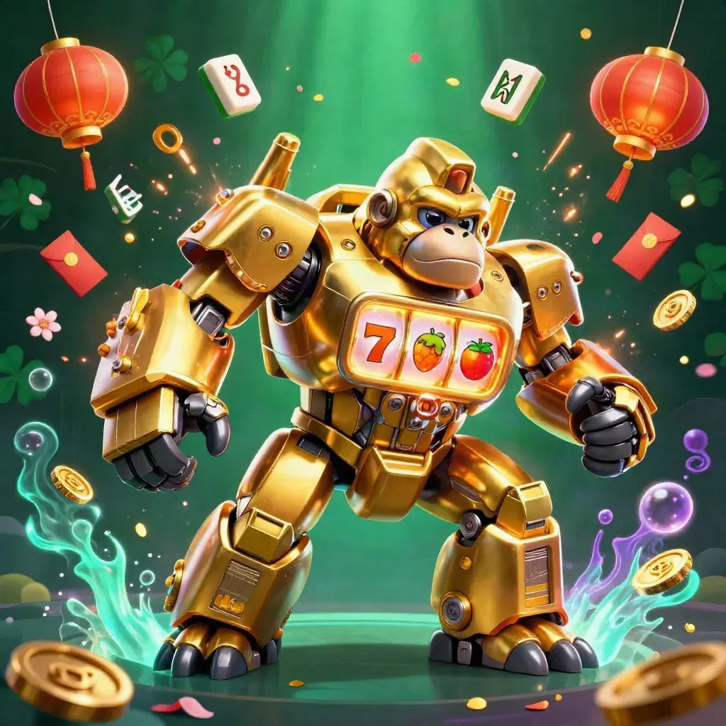 Golden gorilla mech with monkey pilot, slot reels, lanterns, coins, and glowing casino effects