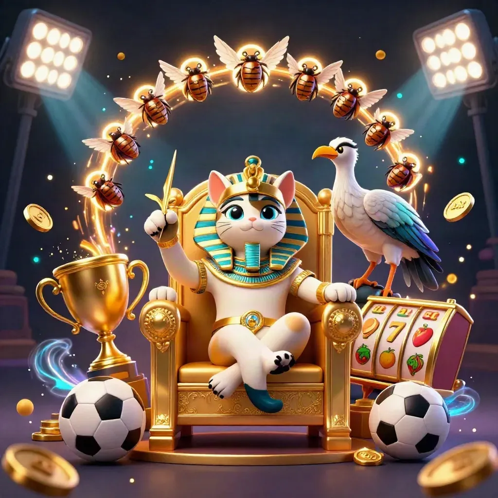 Pharaoh cat on a golden throne with ibis scribe, scarabs, balls, coins, and glowing casino effects