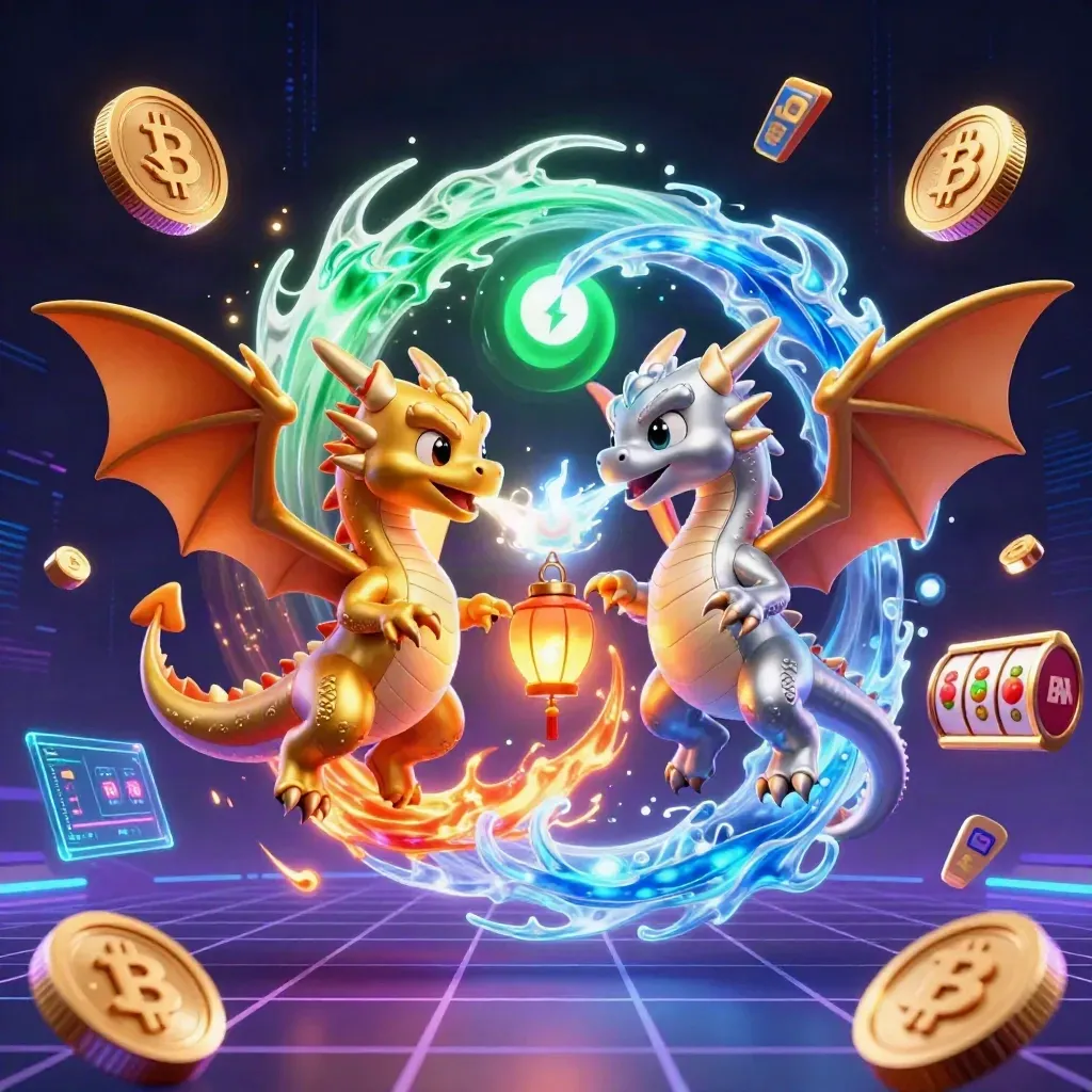 Gold and silver dragons forming a yin-yang with casino coins and neon storm energy