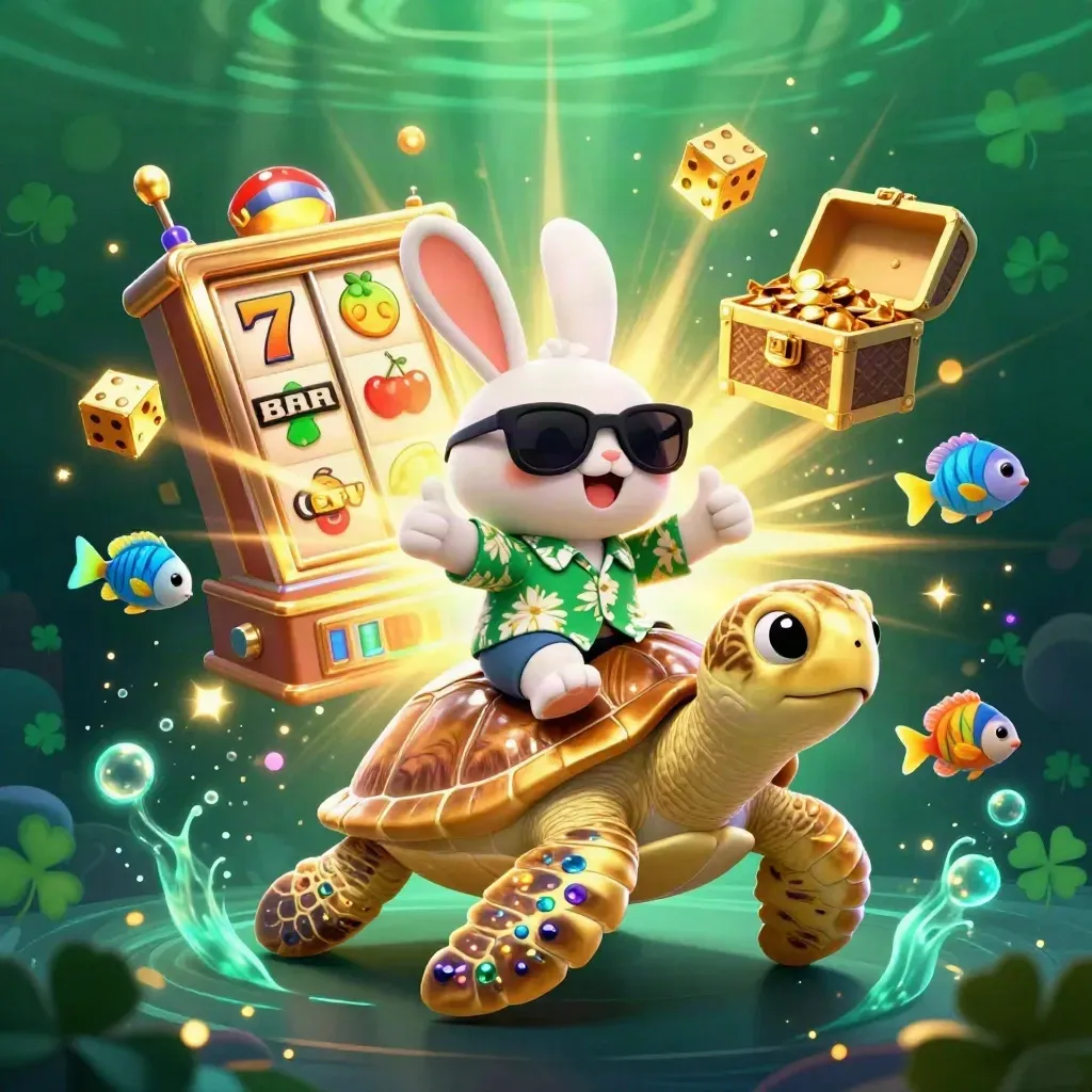 Rabbit in sunglasses rides a golden gem shell turtle amid slot bursts and treasure.
