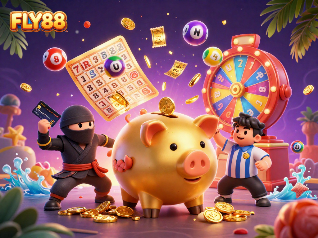 Experience the excitement of FLY88 with vibrant characters and lively casino elements in a dynamic scene.
