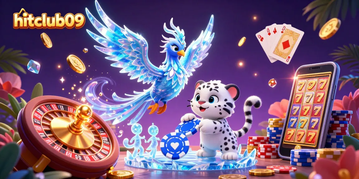 Engage with hitclub09's vibrant gaming scene featuring a colorful portrayal of an ice phoenix and casino elements.