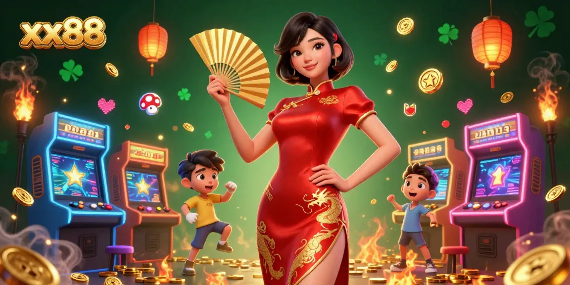 Experience the excitement of xx88 with vibrant gaming elements and a stunning character in a dynamic casino environment.