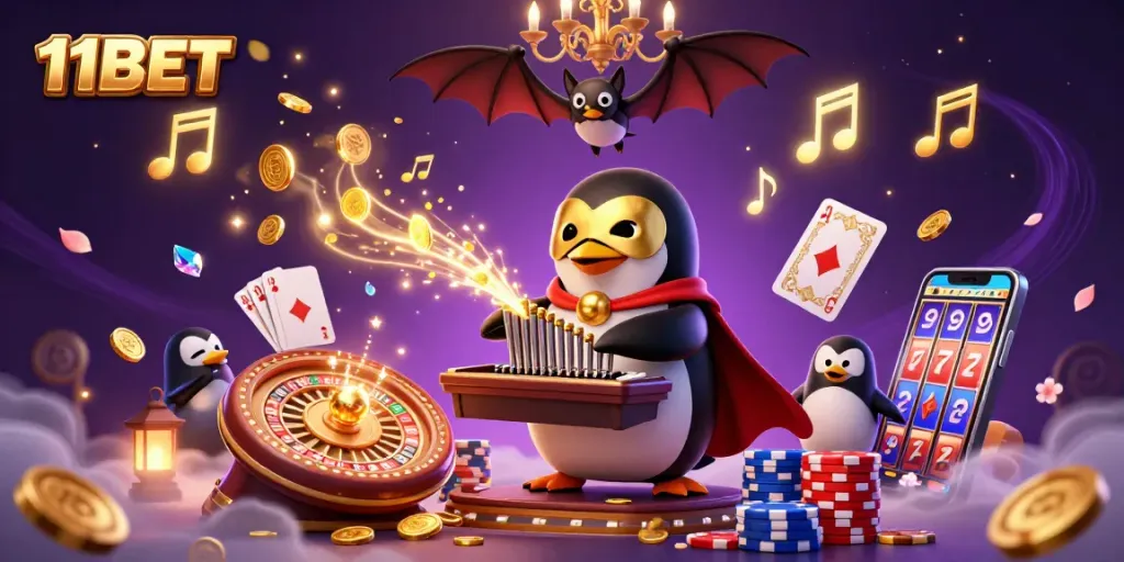 Experience thrilling casino action with 11BET as a phantom penguin plays a magical organ, generating gold and excitement.