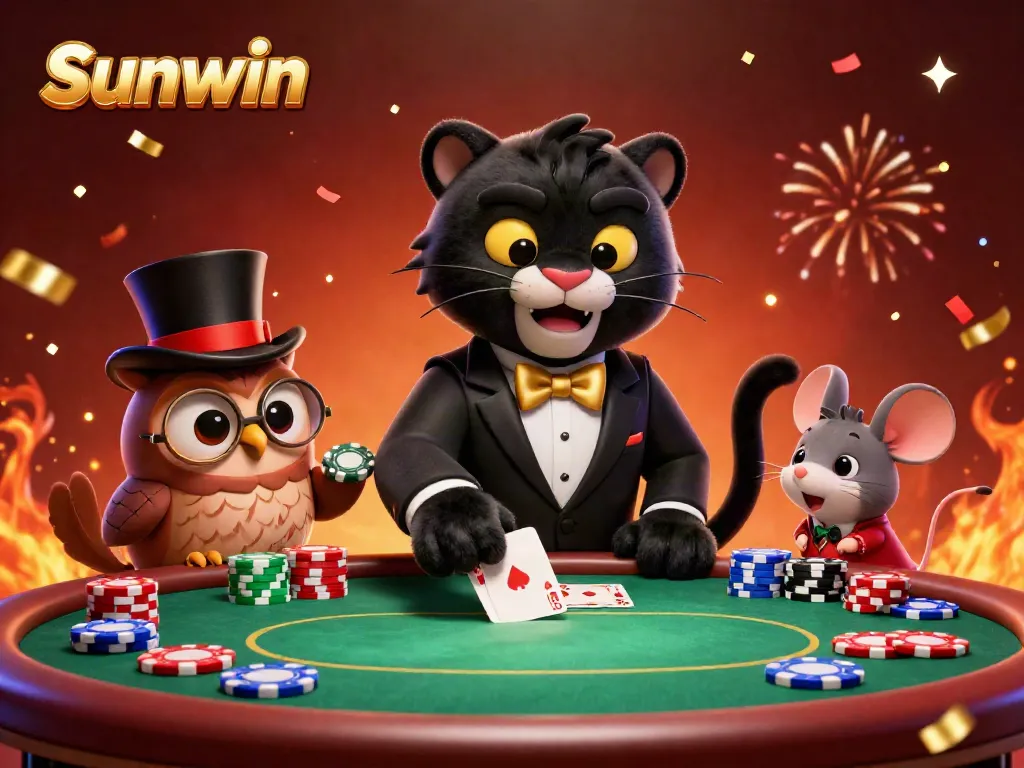 Join the fun at Sunwin as a tuxedo-clad panther deals cards surrounded by festive poker elements.