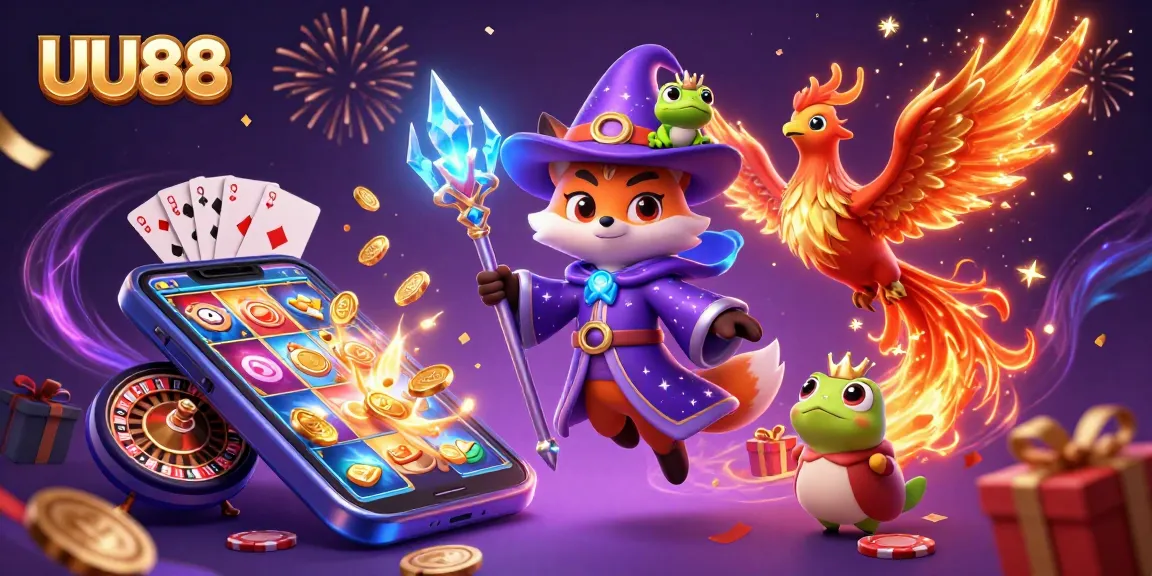 Experience thrilling games at UU88 with vibrant 3D casino artwork showcasing slots and card games.