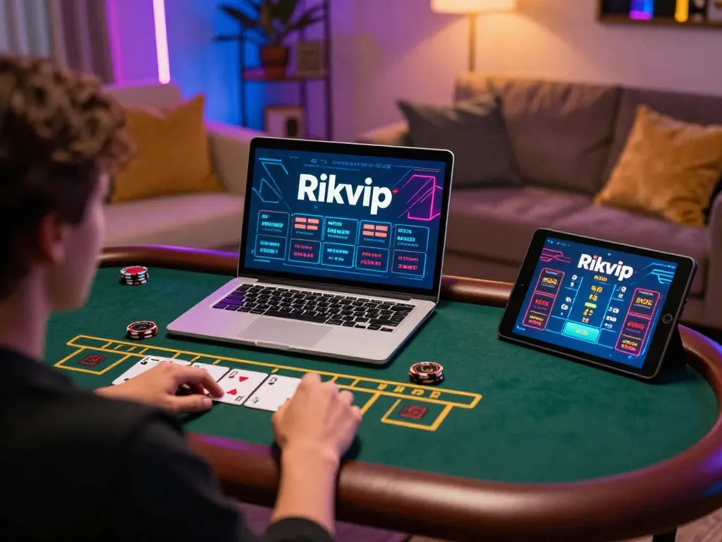 Person playing live dealer blackjack on Rikvip's online platform, showcasing dynamic gameplay and modern setup.