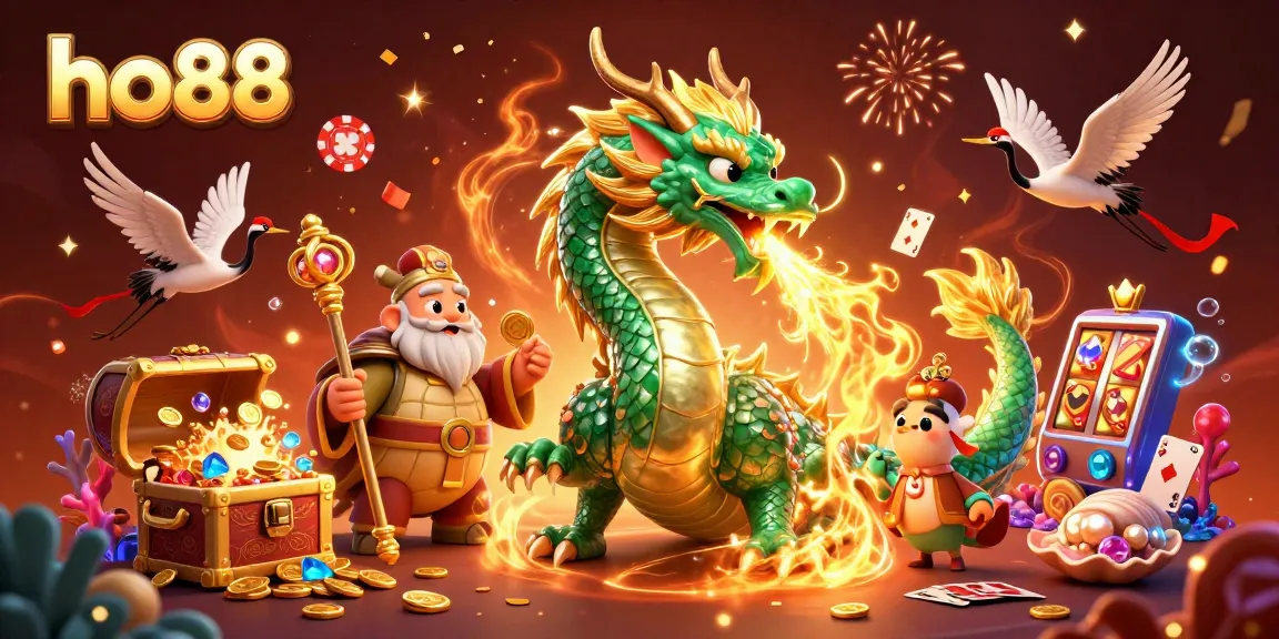 Experience the thrill of gaming with ho88, showcasing a vibrant 3D casino scene with a jade dragon and poker elements.