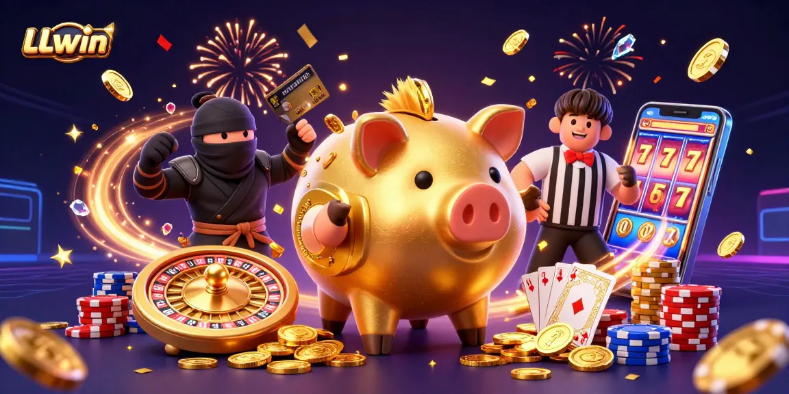 Experience the thrill of LLwin with a dynamic 3D scene featuring a golden piggy bank sumo wrestler and vibrant casino elements.