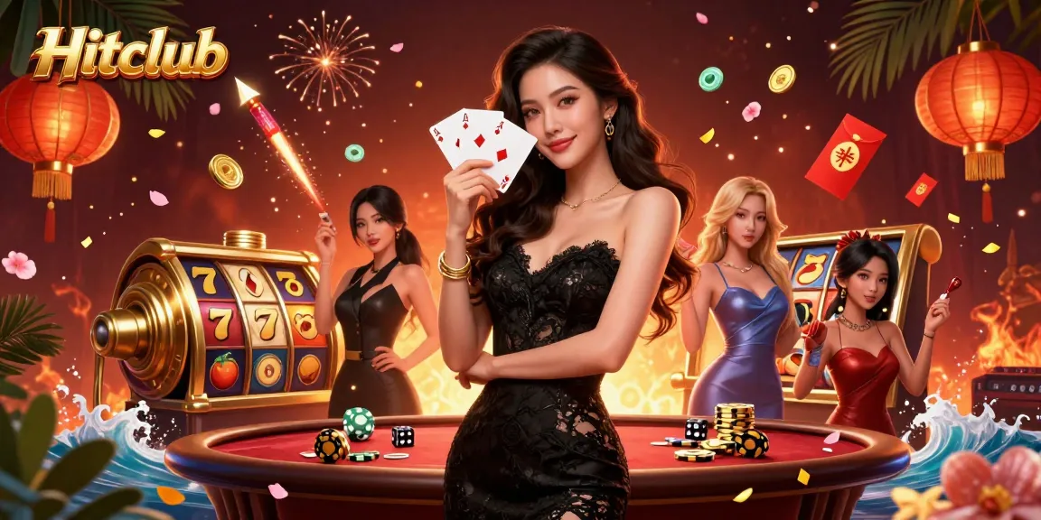 Hitclub showcases an elegant Asian woman playing cards in a luxurious casino setting, surrounded by vibrant gaming elements.