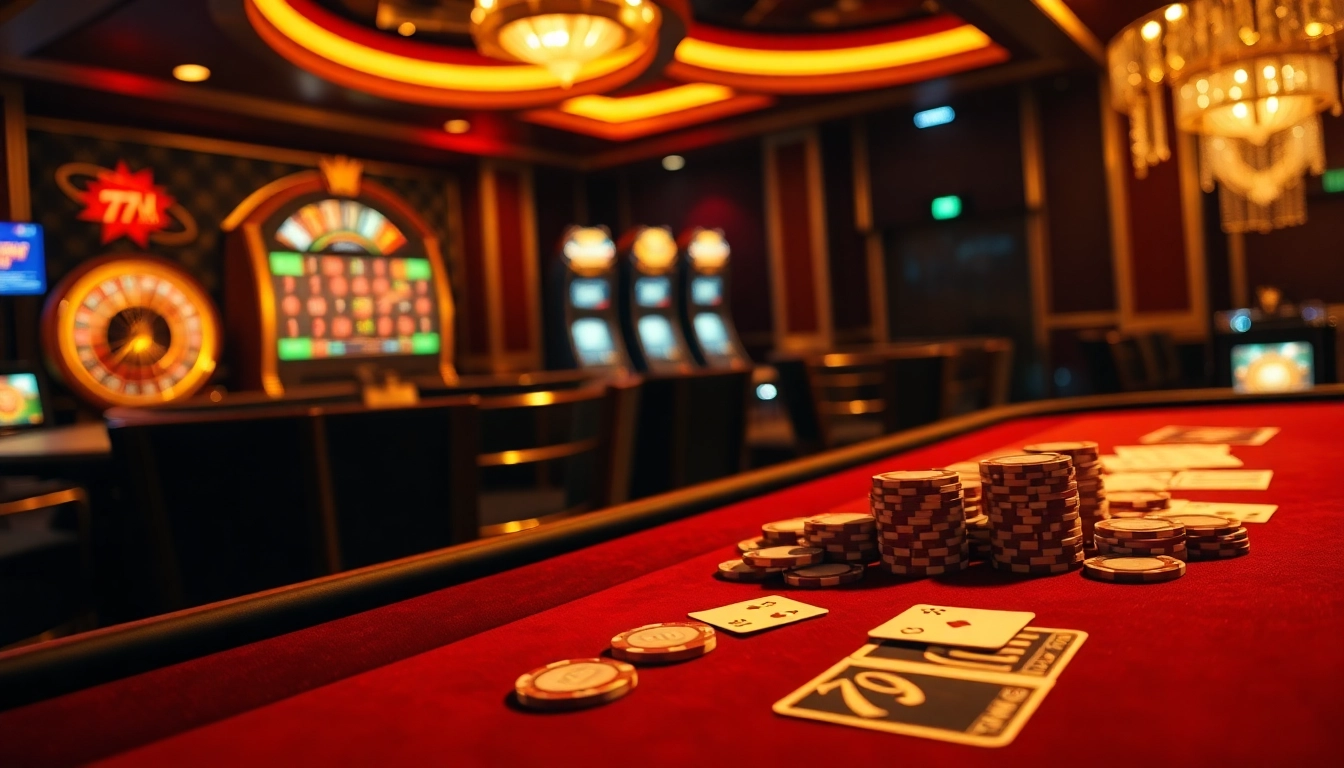 79KING poker table with high-stakes chips and cards under luxurious lighting.