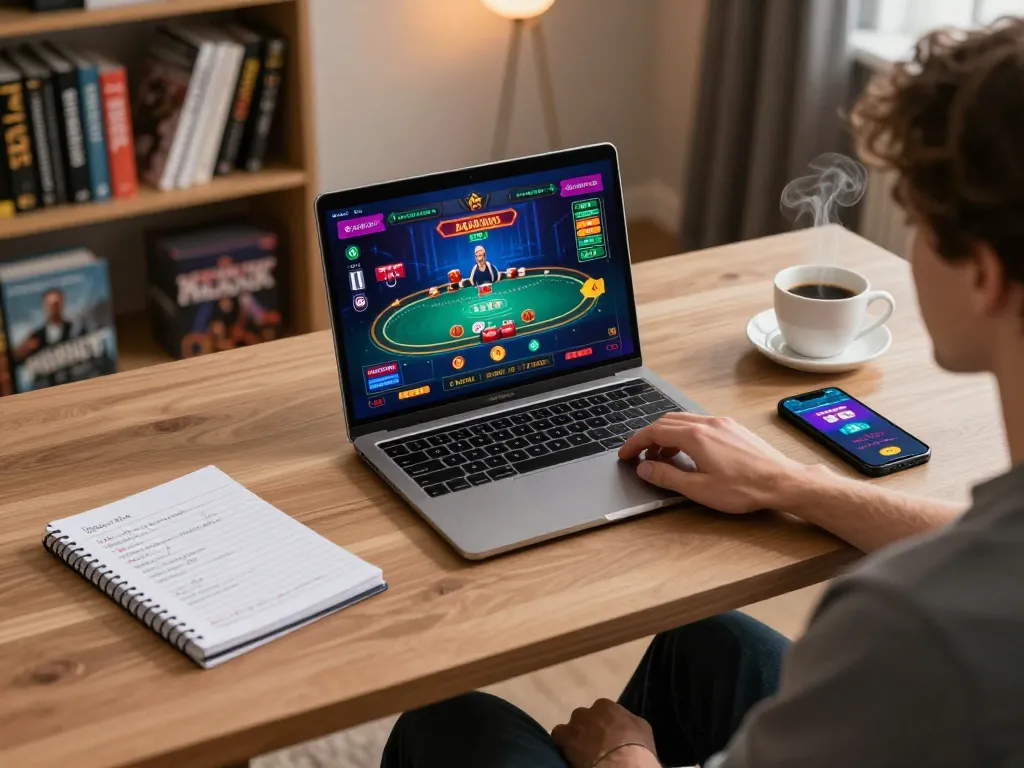 Player enjoying a focused online poker session at home on 78 win site, surrounded by strategic notes and a warm atmosphere.