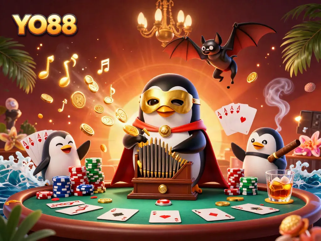 Playing the thrilling games at YO88, a vibrant casino scene filled with excitement and golden coins.