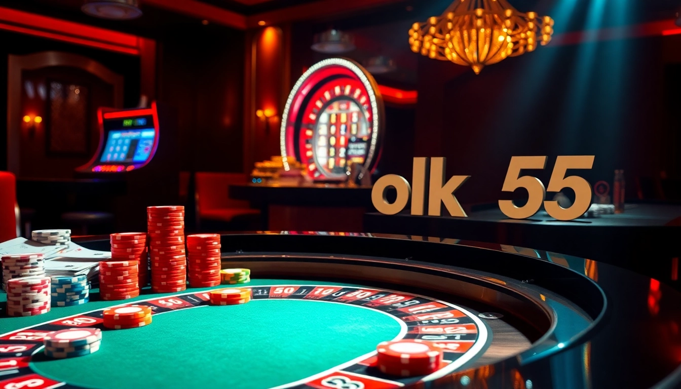 Play exciting games at ok365, featuring luxurious casino elements and vibrant roulette tables.