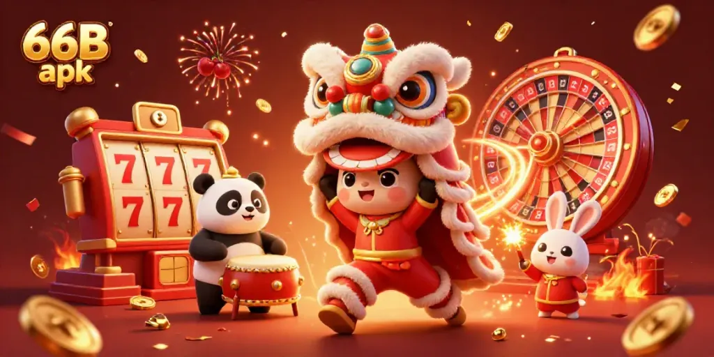 Experience thrilling gameplay with 66B apk in this festive casino-themed illustration