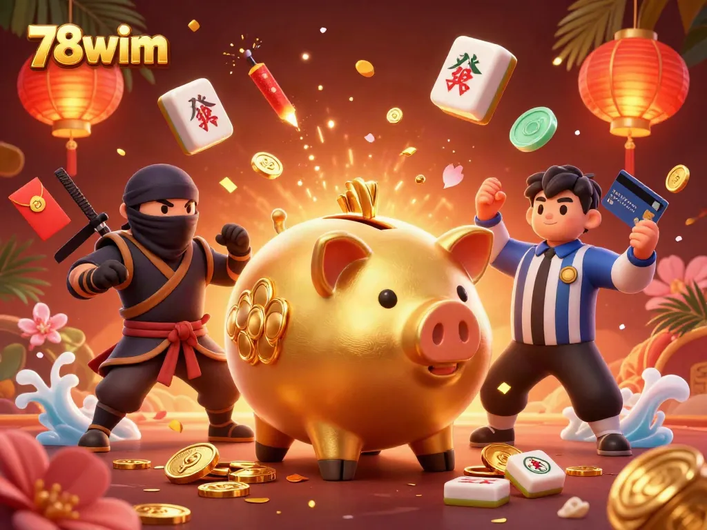 Engage in thrilling gaming action with 78wim's lively 3D illustration featuring eccentric casino characters.