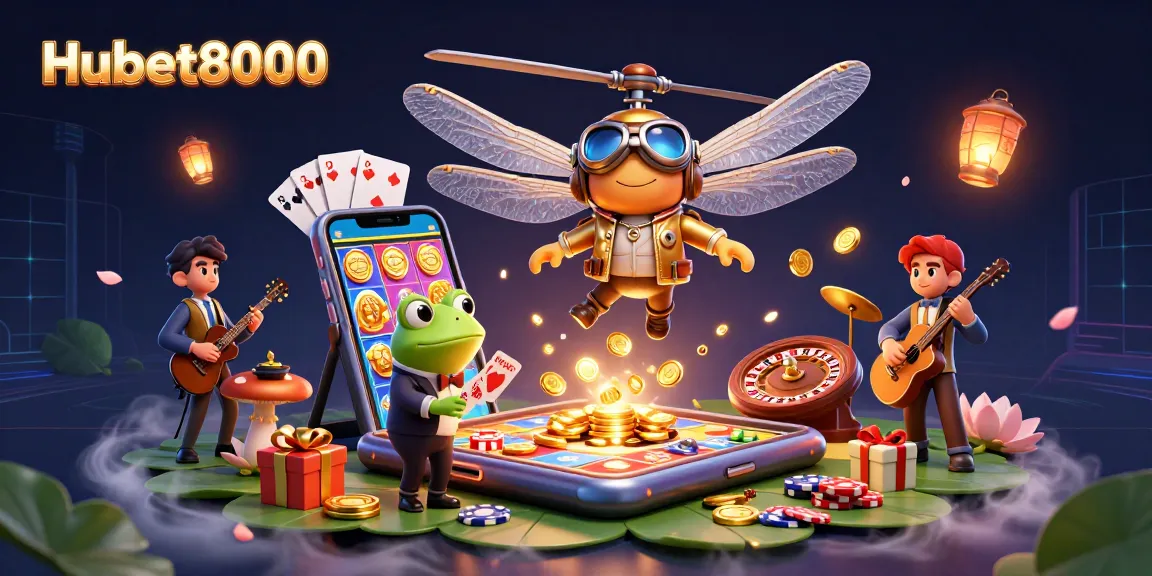 Play thrilling games on Hubet8000 with golden coins exploding from a smartphone at a lively casino scene.