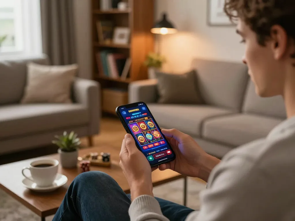 Engaging in online gaming at trang chủ xx88 from a cozy living room setup with smartphone and strategy books.