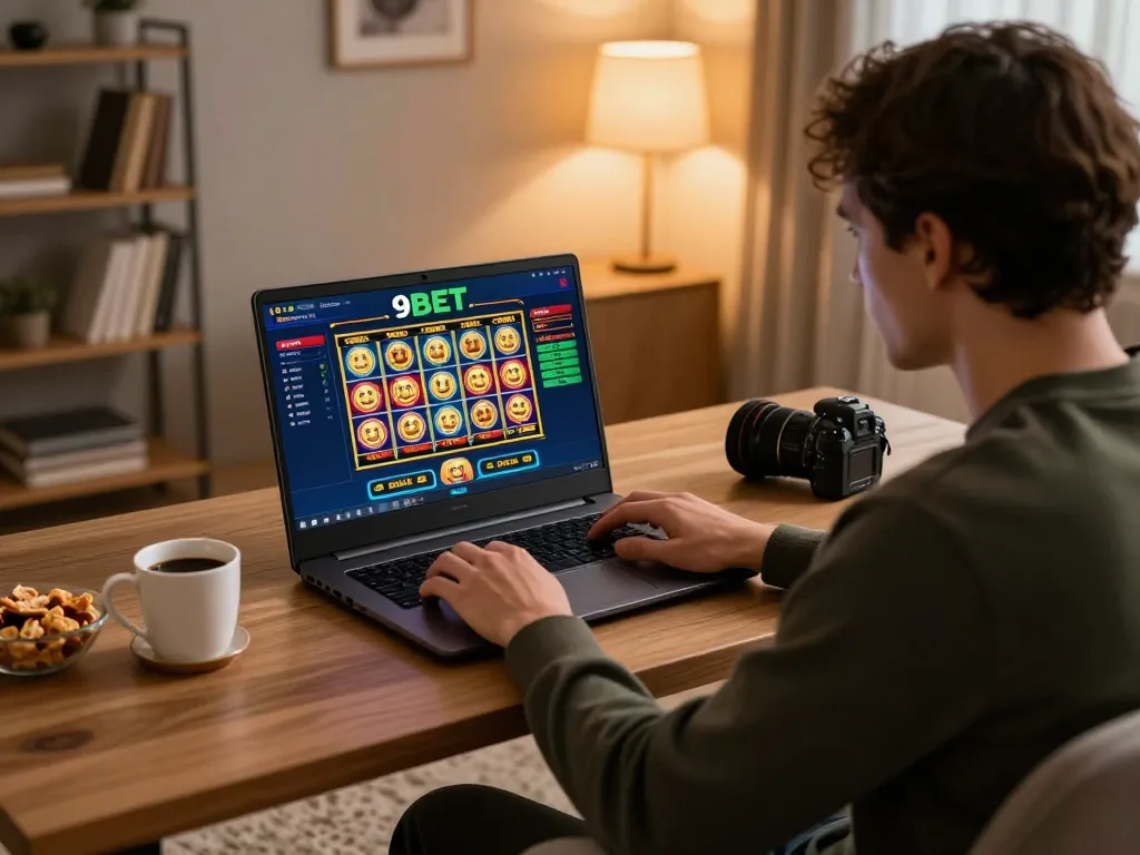 Engaged player enjoying online gaming on 9BET platform with snacks and cozy decor.