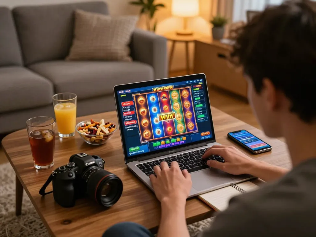 Player enjoying fun79 online casino gaming at home with laptop and vibrant slot interface.