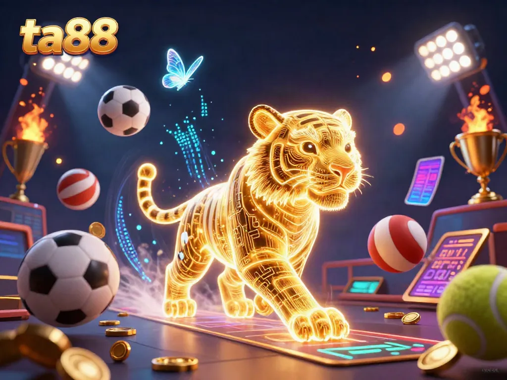 Experience thrilling moments at ta88's digital casino with a golden tiger and dynamic sports elements.