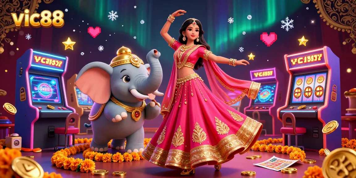 Experience the vibrant world of vic88 with a dazzling Asian dancer, elephant companion, and colorful casino elements.