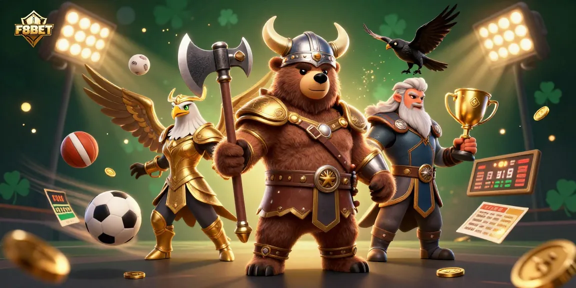 Bet big with F8BET in a vibrant 3D casino scene filled with sports and gaming elements.