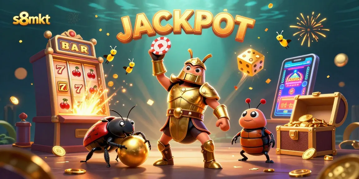 Experience thrilling wins with s8mkt as the hercules beetle celebrates a jackpot amidst vibrant casino elements.