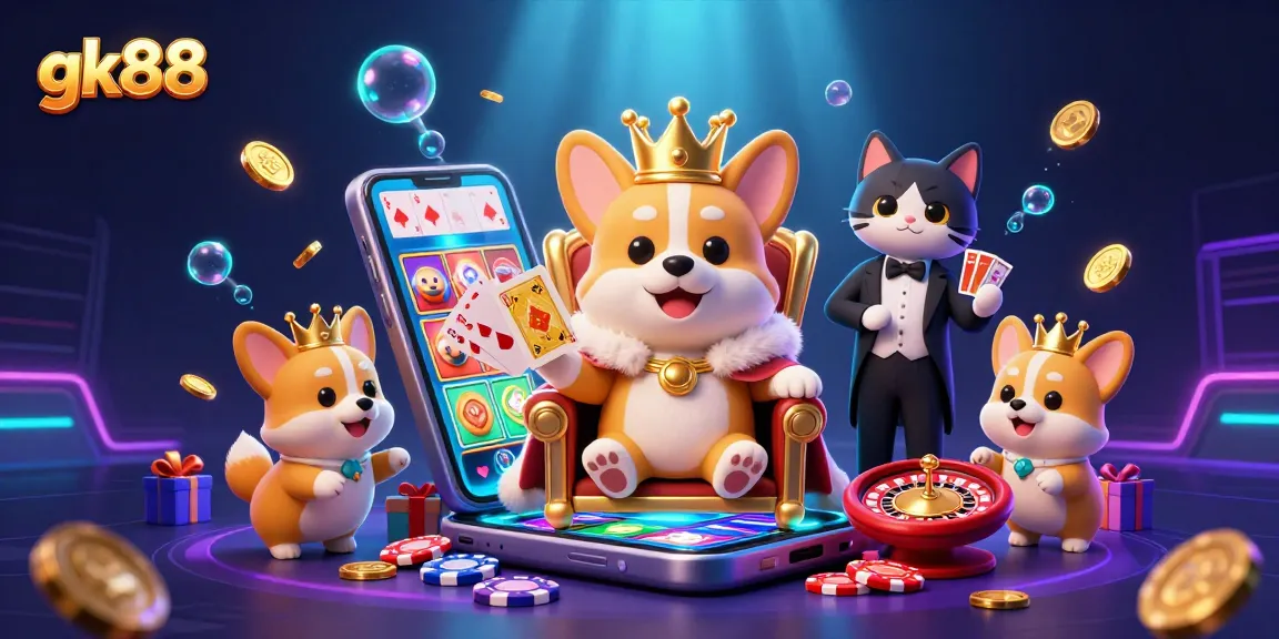 Spin and win with the vibrant gk88 themed illustration showcasing a royal corgi on a throne of poker chips.