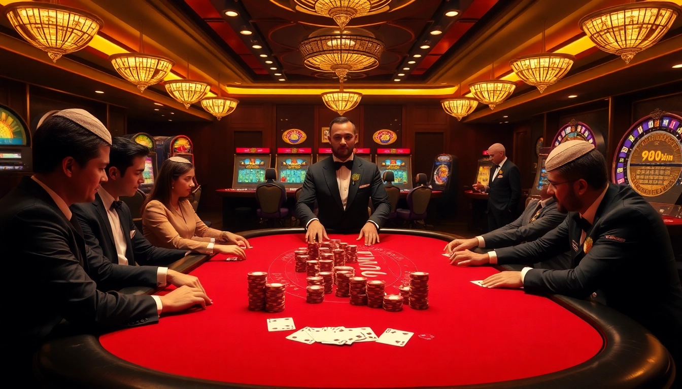 Players engage at a luxurious poker table, capturing an exciting moment at 98win's casino.