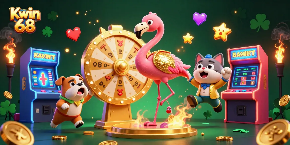 Kwin 68 lets you spin a grand prize wheel as cartoon characters celebrate in a vibrant casino scene.