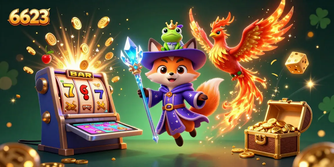 Experience thrilling 6623 casino adventures with a magical wizard fox and phoenix in a vibrant setting.