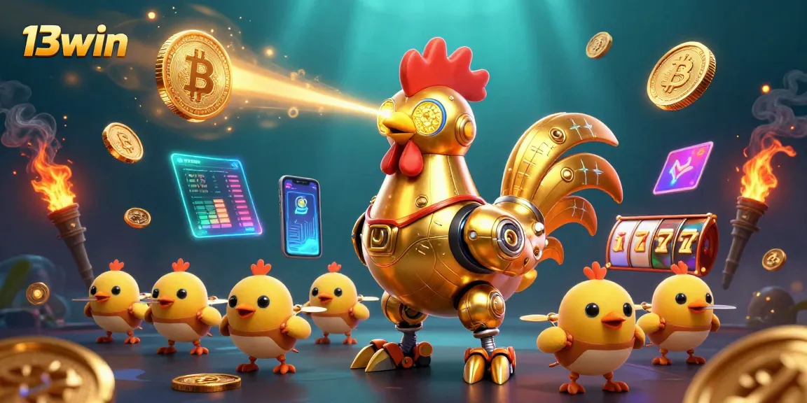 Engage in thrilling 13win slot games with a dynamic 3D robot and drone scene.