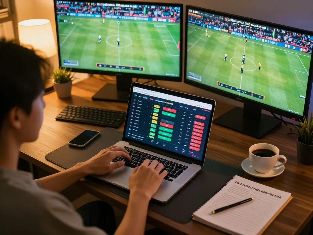 Engaging in kèo nhà cái hôm nay using a laptop to place live sports bets from a cozy home office