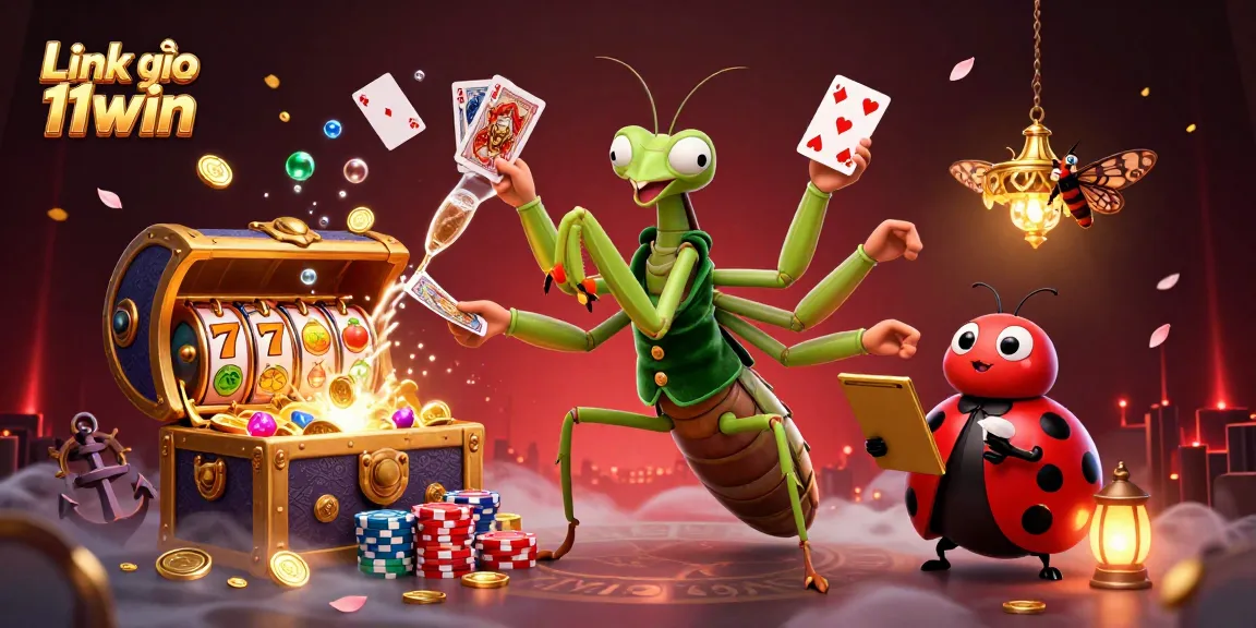 Link vào 11win with a giant praying mantis card sharp and ladybug pit boss in a lively casino scene.