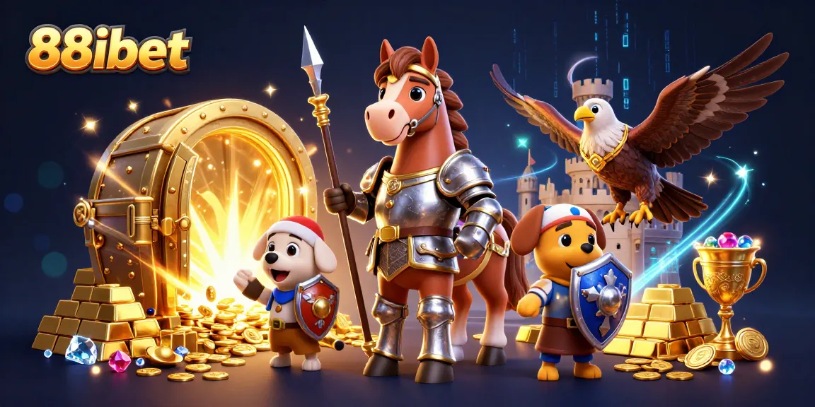 Experience thrilling gaming adventures with 88ibet featuring a knight, squire, and falcon amidst a treasure-filled scene.