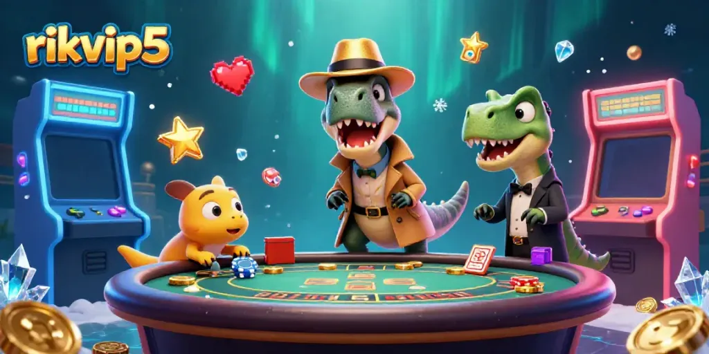 Play games and win at rikvip5 with 3D velociraptor and stegosaurus in a vibrant casino scene.