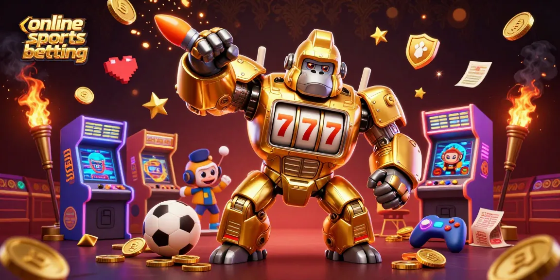 Experience thrilling online sports betting with a dynamic scene of a golden gorilla mech surrounded by energetic gaming elements.