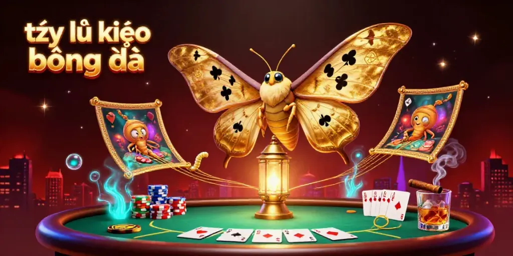 Engage with tỷ lệ kèo bóng đá in this vibrant 3D casino scene filled with poker and moth elements.
